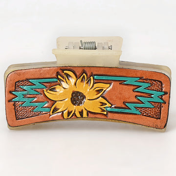 American Darling Floral Long Hair Claw Hand Tooled Carved Genuine Leather Brown Clips Clutcher Gift For Women Girls